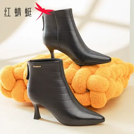 红蜻蜓女短靴2025冬季新款尖头细跟时尚女靴加绒保暖真皮百搭女鞋商品大图