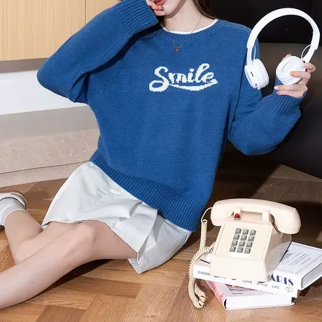 唐狮秋冬毛衣女简约风撞色字母圆领套头春秋可外穿百搭上衣慵懒tu图片