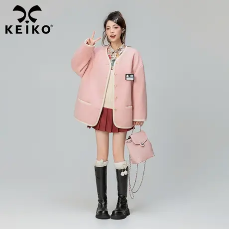 KEIKO 小香风撞色边圆领毛呢外套女2023秋冬奶fufu小个子呢子大衣商品大图
