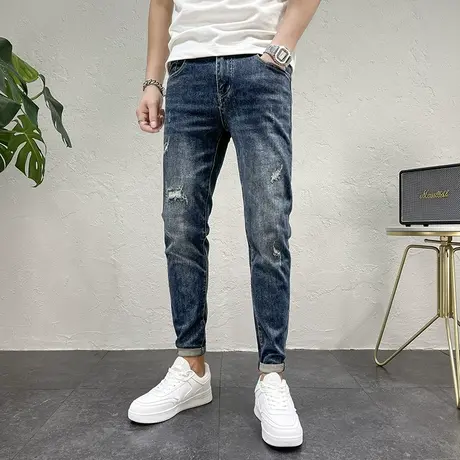 新款男生休闲蓝牛仔裤猫须破洞男款青年潮流刮烂修身小脚牛仔长裤商品大图