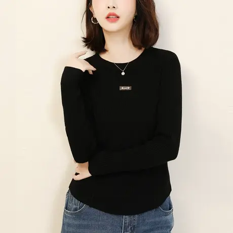 新品8.5折】高级感黑色毛衣女长袖套头打底针织衫内搭短图片