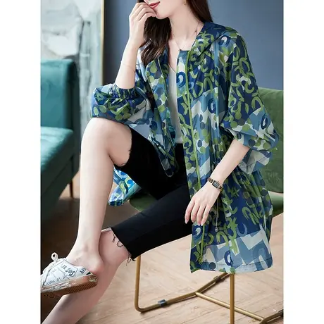 宝诗黎连帽印花中长防晒衫女新款2023年夏季长袖宽松外套拉链开衫商品大图