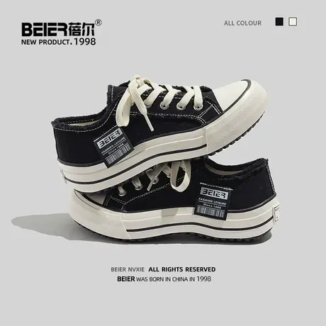 蓓尔黑色低帮帆布鞋女波浪底板鞋小白鞋学生百搭运动休闲春季女鞋商品大图