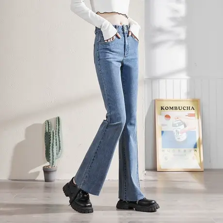 唐狮黑色牛仔裤女春秋新款高腰微喇叭裤显瘦显高阔腿直筒百搭裤子商品大图