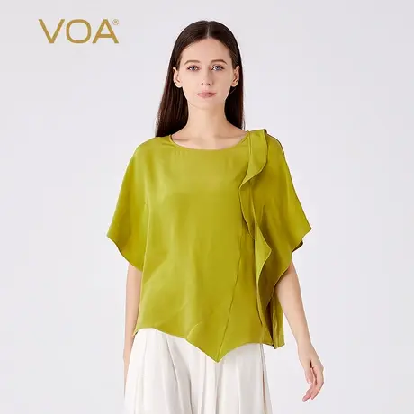 VOA30姆米重磅桑蚕丝橄榄绿圆领蝙蝠袖立体装饰宽松直筒真丝T恤图片