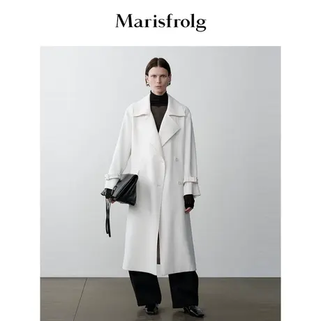 【商场同款】玛丝菲尔冬季新款美利奴羊毛白色收腰风衣商品大图