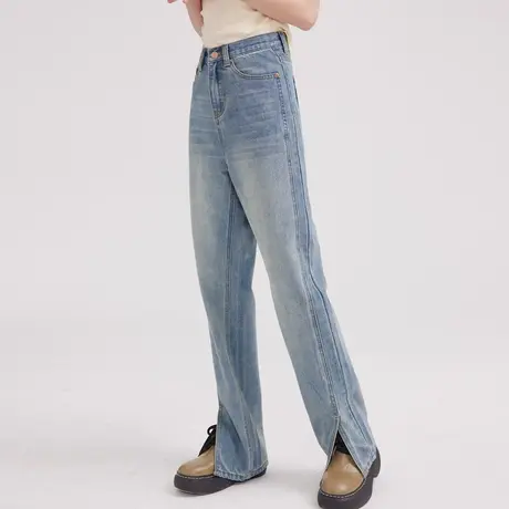 尔给浅蓝色窄版侧开叉高腰直筒拖地牛仔裤女夏美式设计感裤子显瘦商品大图