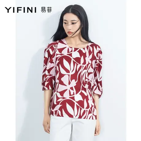 Yifini/易菲宽松印花五分袖方领上衣女夏季新款时尚休闲小衫商品大图
