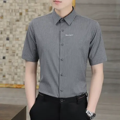 条纹衬衫2022夏季薄款男短袖商务休闲职业装黑色衬衣半袖男装免烫图片