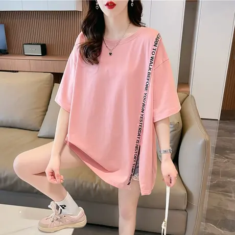 小众设计感短袖t恤女夏季韩版宽松大码女装中长款不规则开叉上衣商品大图