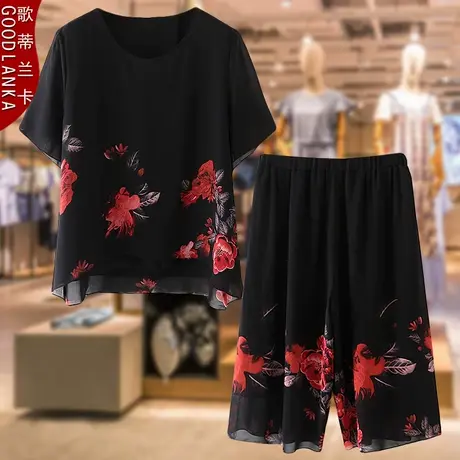 中老年妈妈夏装套装短袖洋气时尚中年胖妈妈大码雪纺七分裤两件套商品大图