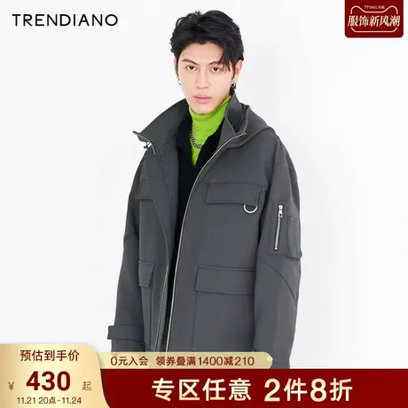 TRENDIANO官方潮牌秋冬男装时尚简约宽松夹克连帽拉链工装外套男商品大图