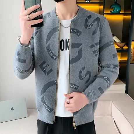 立领提花开衫外套男秋季韩版休闲针织衫上衣简约毛衣潮流青年男装商品大图