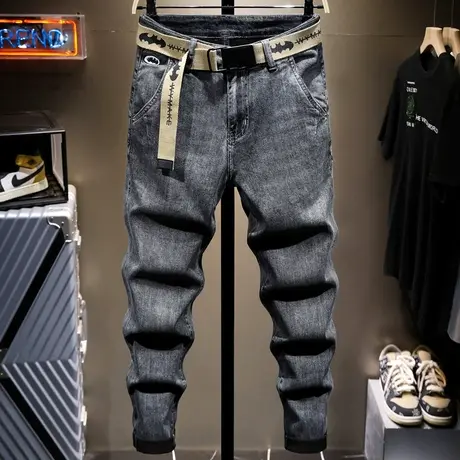 夏季薄款黑灰色潮牌时尚牛仔裤男修身小脚百搭男士长裤子韩版潮流商品大图