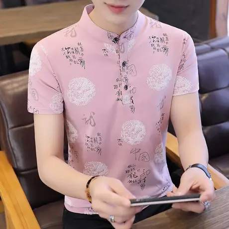 立领短袖T恤男夏季新品休闲上衣纯棉半袖个性男装夏装修身POLO衫商品大图