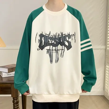 潮牌男t恤2023新款休闲宽松圆领卫衣男春秋季撞色印花体恤打底衫商品大图