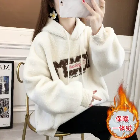 羊羔绒连帽女士中长款卫衣女秋冬2023新款爆款加绒加厚慵懒风外套商品大图