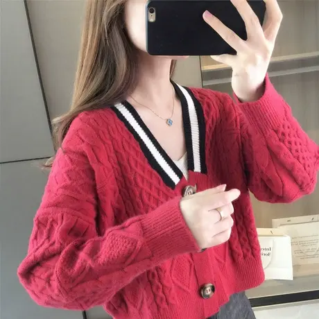 百搭学院风日系针织开衫女秋冬季新款麻花毛衣外套洋气短款外搭商品大图