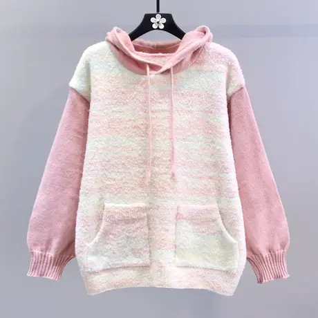 日系甜美彩虹条纹连帽毛衣女秋冬2023新款宽松学院风软糯针织衫商品大图