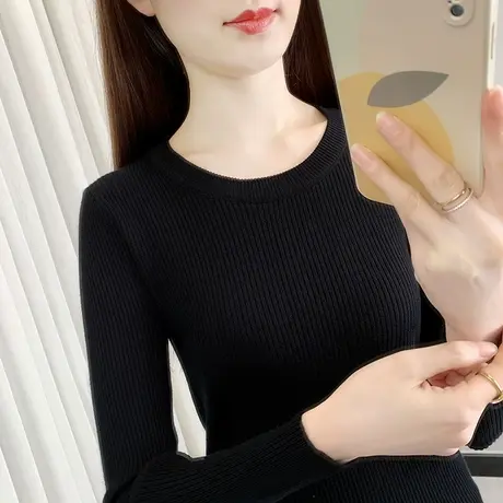 黑色打底衫女新款春秋季长袖针织衫上衣短款修身紧身内搭薄款毛衣商品大图