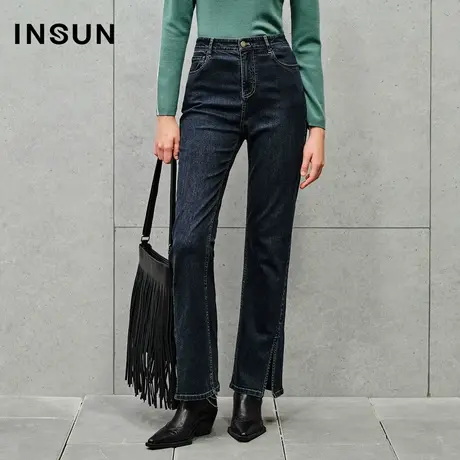 INSUN恩裳专选秋季复古牛仔弹力侧开叉微喇裤商品大图