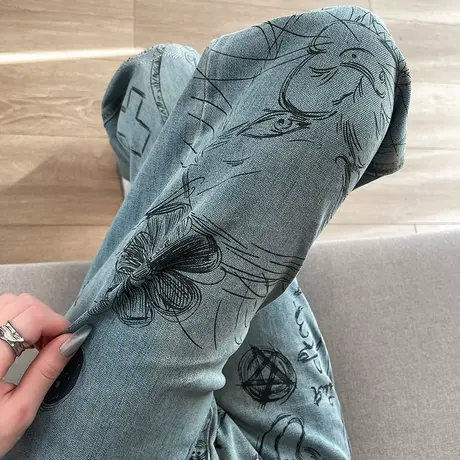 时尚涂鸦阔腿牛仔裤女春秋新款2023小个子遮胯显瘦宽松直筒裤子商品大图