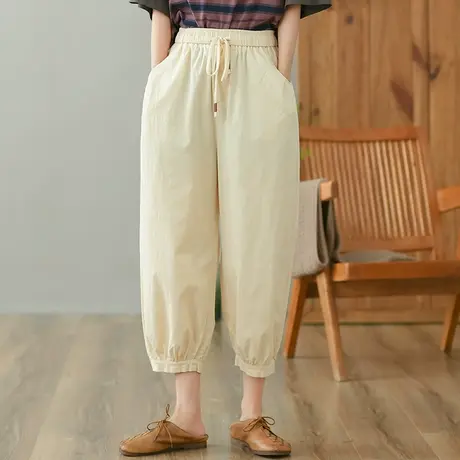 dza 高腰显瘦纯棉休闲裤女2023夏季薄款八分直筒裤宽松百搭哈伦裤图片