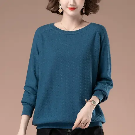 针织衫女秋冬加肥加大码女装宽松中年妈妈纯色圆领毛衣女打底衫商品大图