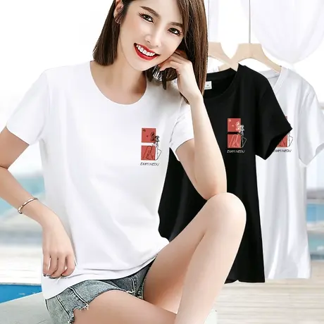 正肩纯棉短袖t恤女夏季印花上衣2024年新款白色t桖显瘦半袖上衣潮商品大图