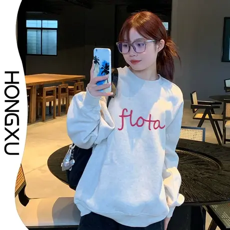 红续冬季圆领套头卫衣加绒加厚2023年小众复古风上衣宽松百搭显瘦商品大图