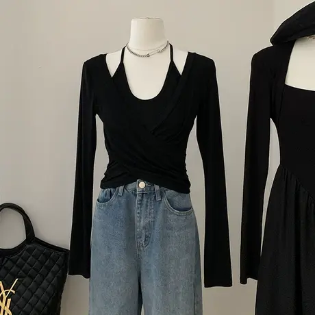 早秋气质纯欲挂脖假两件性感短款长袖t恤女修身打底衫上衣秋装女图片