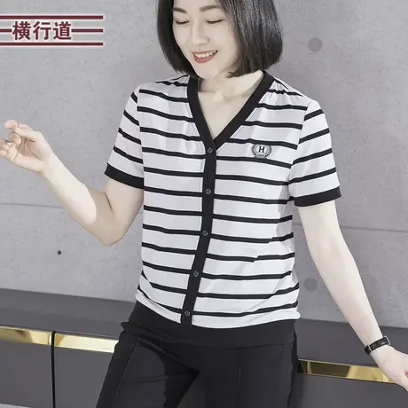 2025夏季新款简约休闲撞色V领绣花条纹宽松短袖T恤女上衣大码外穿商品大图