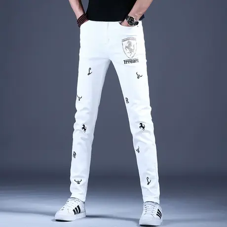 男士新款2023牛仔裤经典白色修身刺绣小脚裤轻奢男潮牌烫钻棉弹裤图片