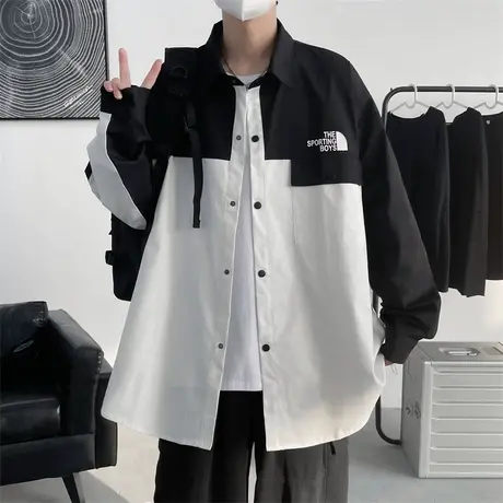 设计感拼接撞色长袖衬衫男春季加肥加大码潮胖人宽松休闲工装衬衣商品大图