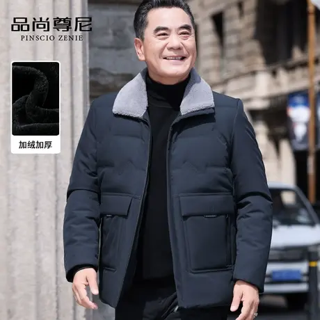 中老年爸爸冬装羽绒棉服带盖口袋翻领简约宽松加绒加厚棉衣外套男图片