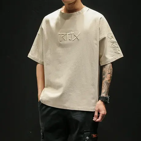 夏季日系刺绣亚麻工装短袖男潮牌大码宽松T恤韩版潮流胖子半袖短t图片