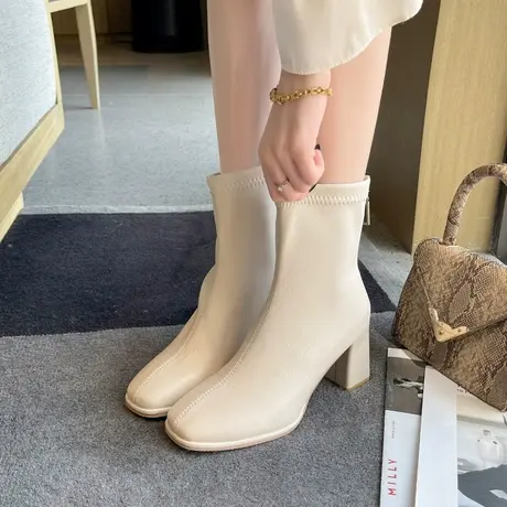 白色法式小短靴女瘦瘦靴粗跟方头高跟鞋2024年新款秋冬中筒马丁靴商品大图