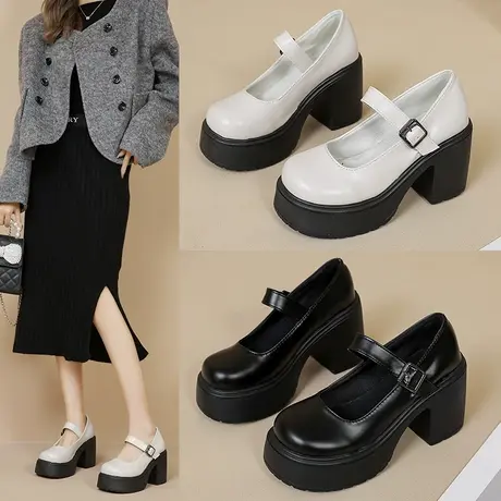 一字带玛丽珍鞋女鞋厚底高跟鞋英伦风小皮鞋女春季配裙子粗跟单鞋图片