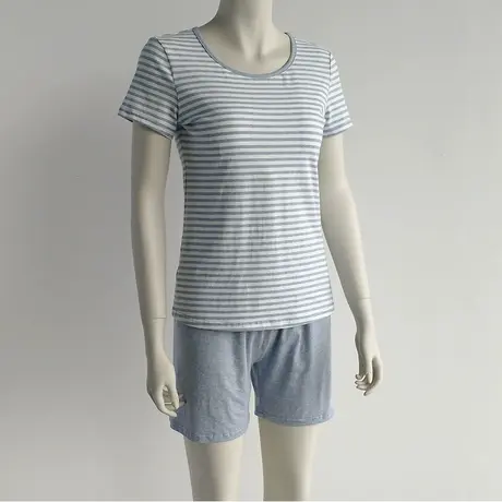 新款夏季条纹睡衣短袖短裤套装女一体式带胸垫T恤外出休闲家居服商品大图