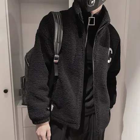 冬季个性潮牌羊羔毛外套男美式字母刺绣高级感痞帅炸街摇粒绒棉衣图片