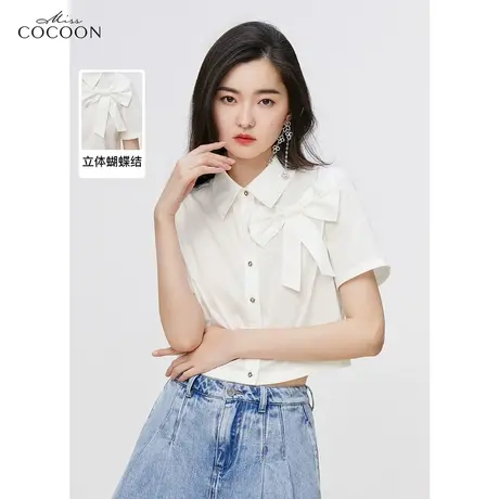 miss COCOON法式上衣2023夏新款女气质减龄手工蝴蝶结截短款衬衫图片