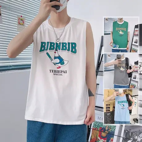 白色背心男潮牌ins运动健身宽松打底T恤夏季无袖跨栏内搭坎肩汗衫商品大图