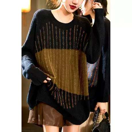伊自尚大码女装时尚烫钻拼接圆领毛衣女秋冬2023年新款百搭上衣女图片