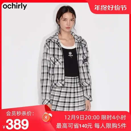 【新降】欧时力 格子休闲工装风外套新款秋冬连帽复古时尚炸街图片