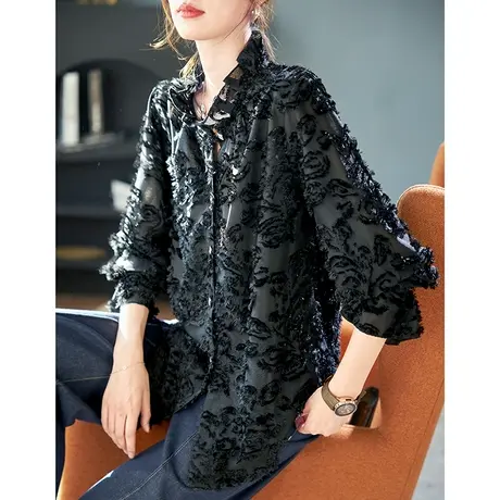 宝诗黎花边领植绒宽松显瘦衬衫女春季长袖搭配休闲衬衣2024年新款商品大图
