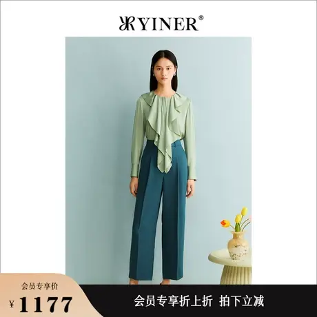YINER音儿女装秋季女装弹力长裤通勤直筒垂感湖蓝色休闲裤图片
