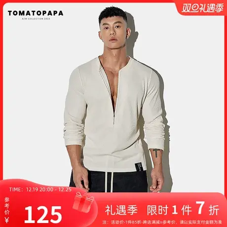 TOMATOPAPA春季24新款长袖T恤亨利领男生半开拉链体恤健身潮上衣商品大图