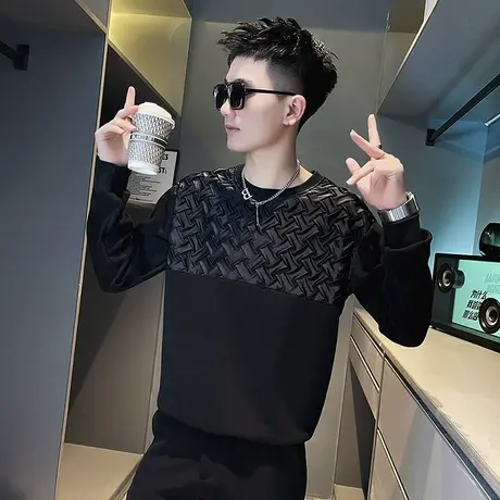 圆领卫衣男春秋季新款个性拼接潮流无帽长袖上衣高街潮牌修身外套商品大图