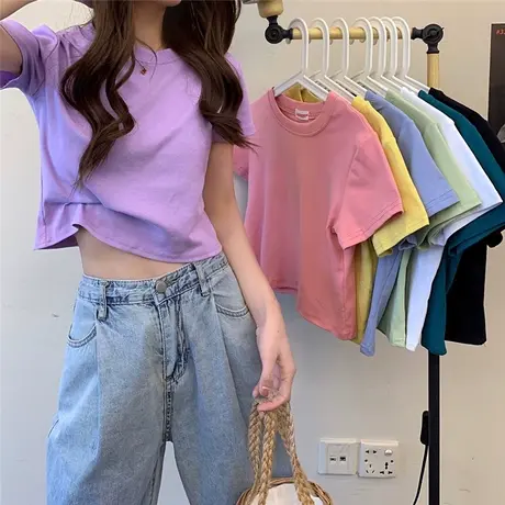 白色短袖T恤女装夏季2023年新款黑色修身高腰露脐短款上衣服ins潮商品大图