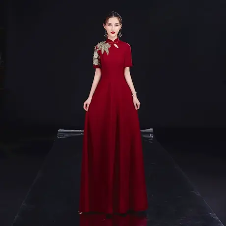敬酒服旗袍新娘酒红色结婚订婚晚礼服回门走秀合唱年会演出长礼服商品大图